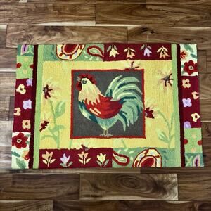 Handmade Hooked Rooster Rug Kitchen Entry Door Mat Centerpiece Farm Country Red